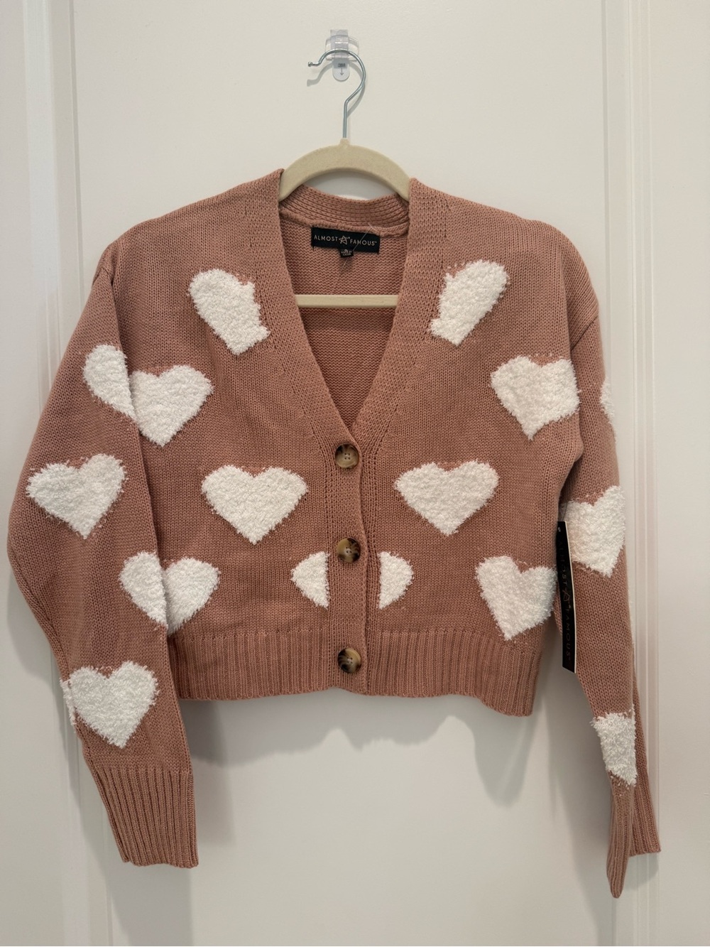Almost Famous Blush Heart-Pattern Cropped Cardigan Sweater NWT